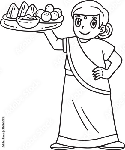 Diwali Mom Carrying Food Isolated Coloring Page