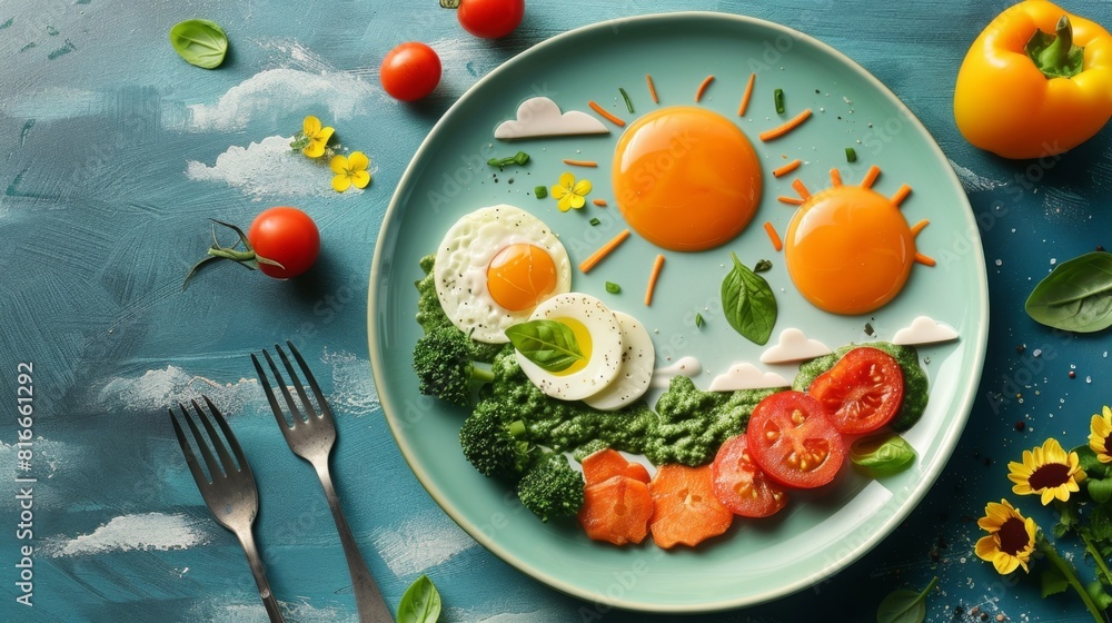 Top view of a creative breakfast plate components style