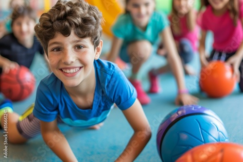 Smiling young boy in blue shirt at gym class, with friends and playground balls in the background photo