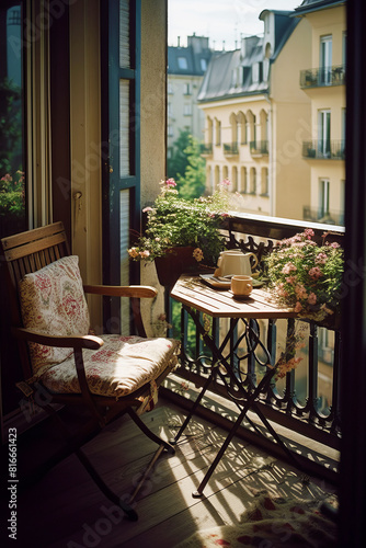 Cozy city apartment terrace with patio furniture and flowering potted plants.