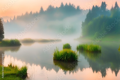 Misty morning scene of Lacu Rosu lake. Foggy summer sunrise in Harghita County, Romania, Europe. Beauty of nature concept background.  photo