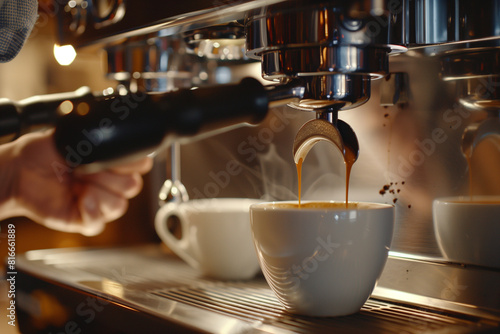  Skilled barista operating an espresso machine, filling a white cup with fresh coffee in a cozy café ambiance. Close up
