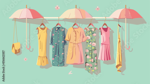 Rack with stylish clothes and umbrellas on color background