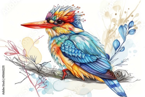 Colorful artwork of a stylized kingfisher bird perched on a whimsical branch with floral elements