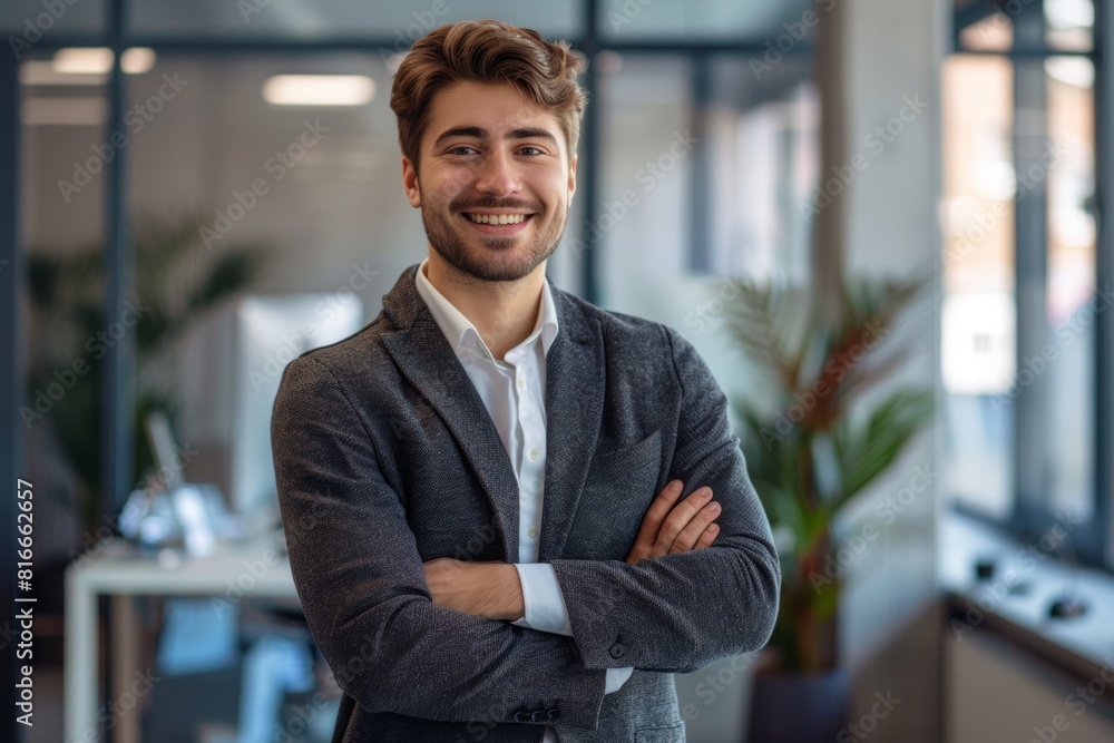 Obraz premium Smiling Young Professional in Modern Office with Arms Crossed
