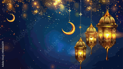 Ramadan kareem golden lanterns and moon hanging Vector © Blue