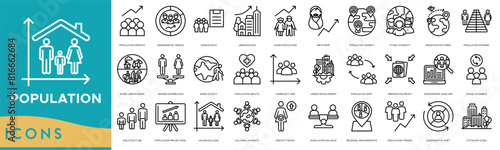 Population icon set. Population Growth, Demographic Trends, Census Data, Urbanization, Aging Population, Birth Rate, Population Density, Ethnic Diversity, Migration Patterns, Population Pyramid