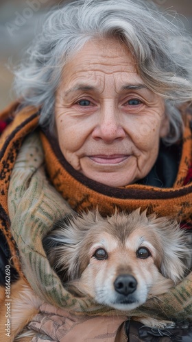 A woman is holding a dog and wearing a scarf