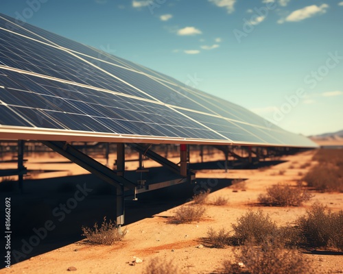 Large solar panels field generating clean renewable energy in the middle of the desert