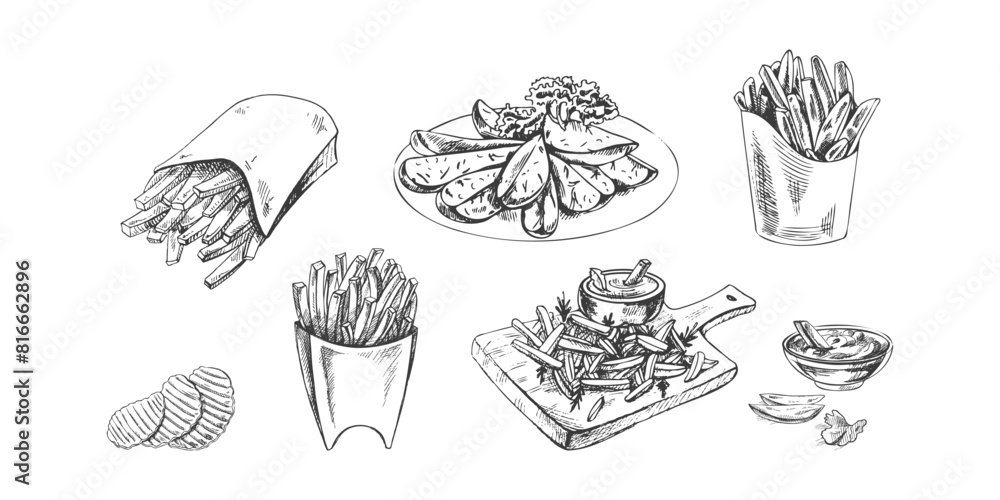 Hand-drawn sketch of potato french fries, chips and potato slices set. Vintage illustration. Element for the design of labels, packaging and postcards.