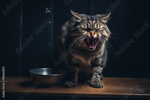 A fierce cat is yowling with its mouth wide open  baring its sharp teeth. Its fur is dark and its eyes are wide and yellow. It is standing in front of a metal bowl.