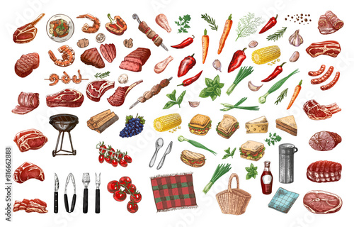 Set of hand-drawn colored sketches of barbecue and picnic elements, meat. For the design of the menu of restaurants, grilled food. Doodle vintage illustration. Engraved image.
