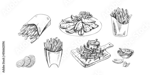 Hand-drawn sketch of potato french fries, chips and potato slices set. Vintage illustration. Element for the design of labels, packaging and postcards.