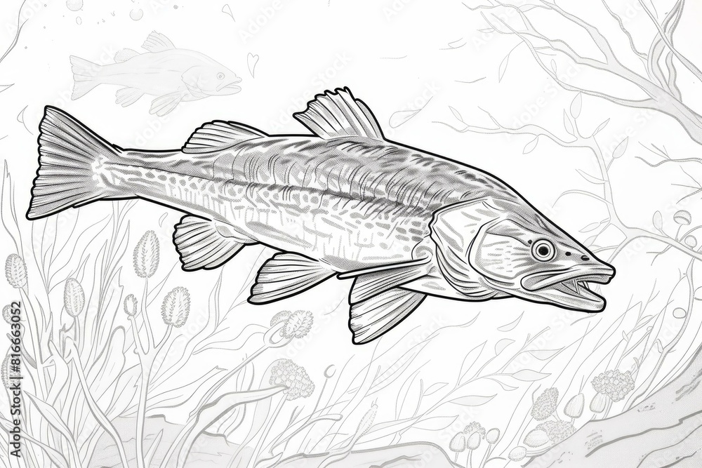 Fototapeta premium Intricate black and white sketch of a fish among underwater plants