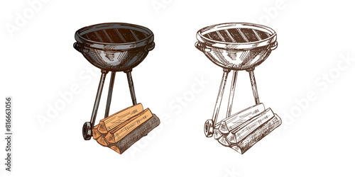 Hand-drawn vector colored and monochrome sketch of Barbecue grill and firewood on white background. Doodle vintage illustration. Decorations for the menu of cafes and labels. Engraved image.