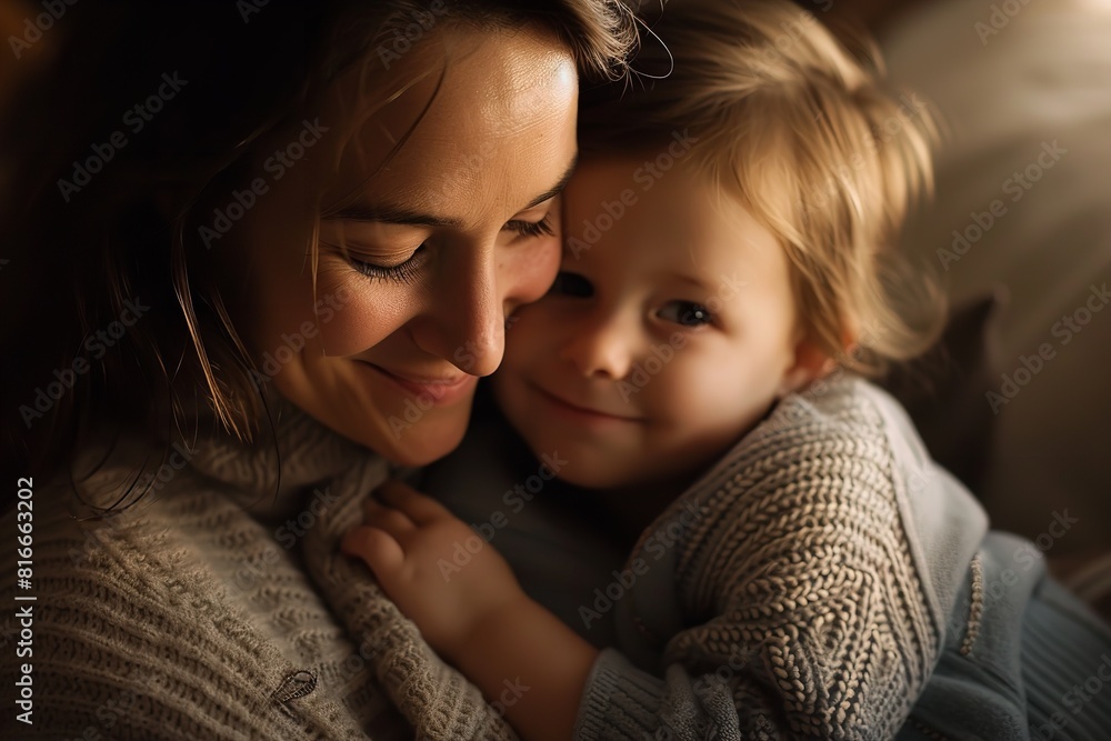 A woman is embracing her child while lying in bed together A woman is embracing her child while lying in bed together