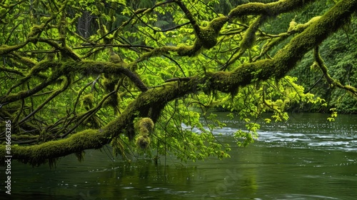 Moss covered branches drape over the water in a rainforest setting along the Snoqualmie Valley trail