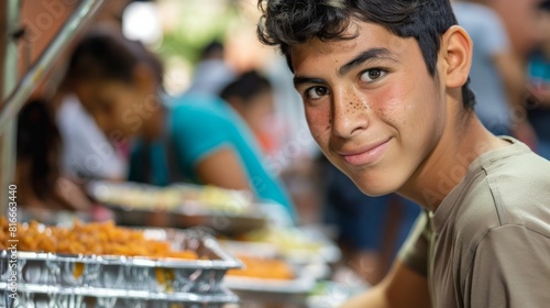 A boy is smiling at the camera while standing in front of a buffet table