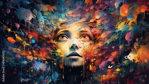 Abstract cosmic art portrait of woman stand before an explosion of vibrant color and celestial bodies. Imagination and universe exploration concept. Design for album cover  and creative poster. AIG35.