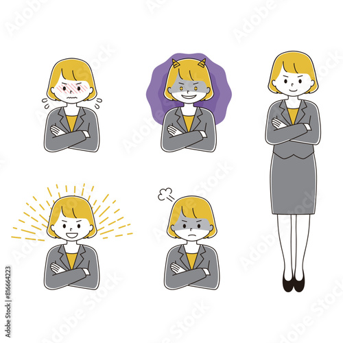 腕を組んだスーツ姿の女性のイラストセット
