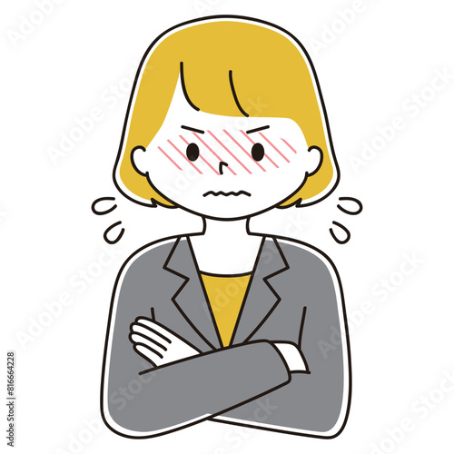 腕を組んで顔を赤くして汗をかくスーツ姿の女性のイラスト