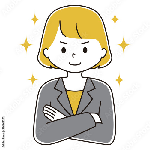 腕を組んで自信満々なスーツ姿の女性のイラスト