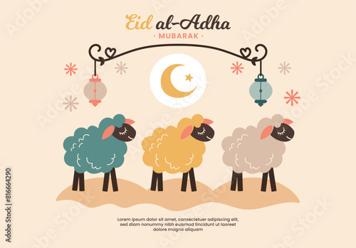 Eid Al Adha Mubarak flat vector illustration with three cute sheep, ornaments and text for greeting card design. Eid Mubarak, arabic children illustration for muslim festival celebration