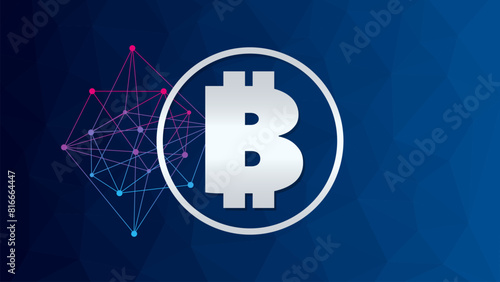 Bitcoin circle sign. Low poly vector network pattern. Blockchain technology, crypto currency symbol. Virtual money icon for business, finance, digital global trade, payment, worldwide, exchange