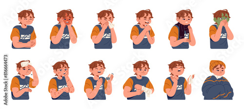 Sick child set. Suffering boy from pain, ache with flu symptoms: cough, sneeze, runny nose, fever. Kid is ill: allergy, asthma, chickenpox virus. Flat isolated vector illustrations on white background