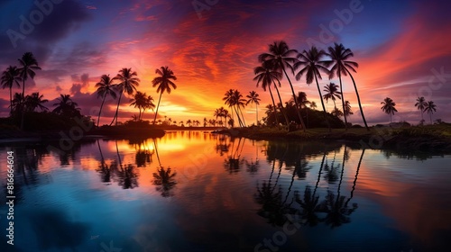 The setting sun casts a golden glow on the calm water, while the palm trees sway gently in the breeze.