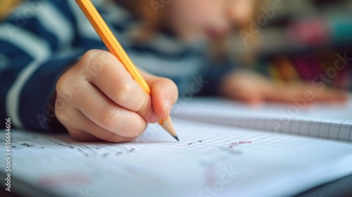 Close up of smart diverse children hand writing classwork at classroom. Attractive elementary student taking a note or doing homework while camera focus on learner holding pencil. Creative. AIG42. photo