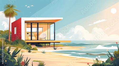 Tranquil seaside tiny house illustrations, blending modern architecture with the serenity of coastal landscapes. Perfect for architectural firms or interior design websites.