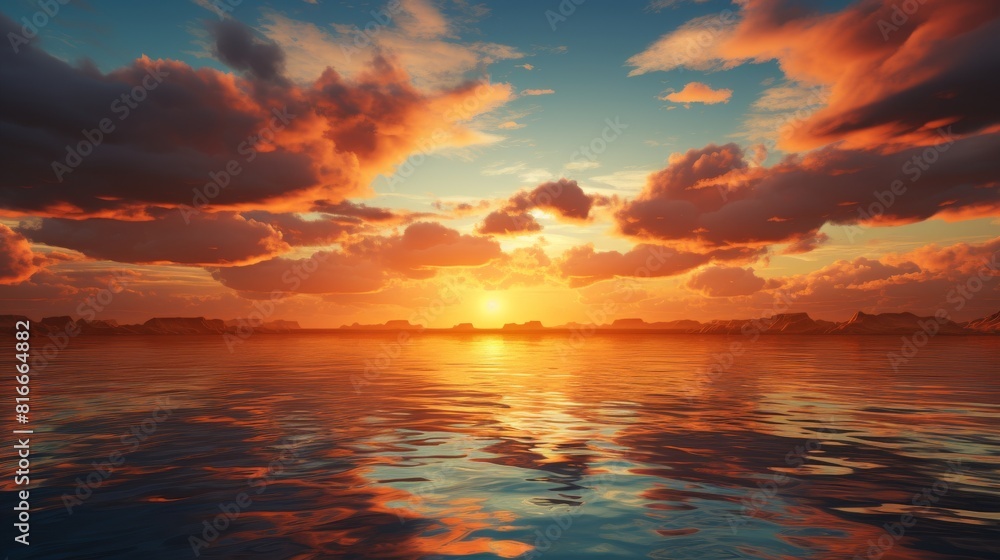 The setting sun casts a golden glow on the ocean. The sky is ablaze with color, and the clouds are reflected in the water. The scene is peaceful and serene.