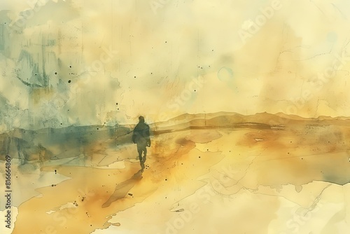 Watercolor painting featuring a person walking in a desert landscape photo