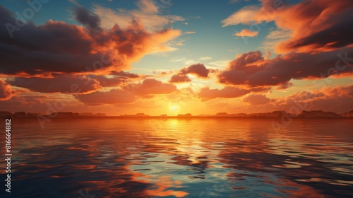 The setting sun casts a golden glow on the ocean. The sky is ablaze with color, and the clouds are reflected in the water. The scene is peaceful and serene. © FlyingWeed_AI