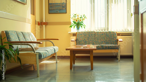 Interior of rehabilitation center with table and sofa