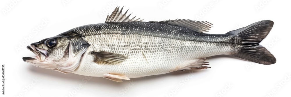 Isolated Fish. Sea Bass with Fresh Seafood Top View on White Background Isolated Fish. Sea Bass with Fresh Seafood Top View on White Background