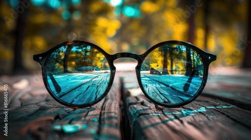 Glasses Reflection. Sharpened Vision with Nature-inspired Wooden Background © AIGen