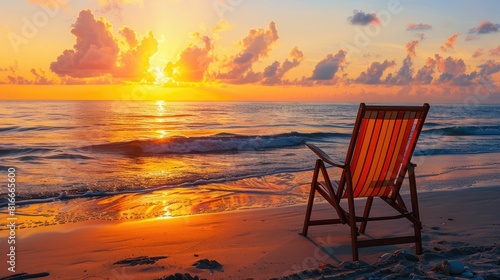 A chair is placed on the beach at dusk  with water reflecting the colorful sky and clouds as the sun sets over the horizon  creating a serene landscape AIG50