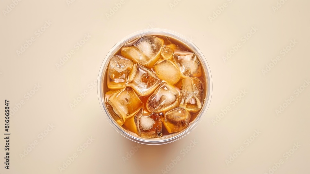 Lifelike and clear, top view of a disposable plastic cup with iced coffee, perfectly presented for advertising on an isolated background Lifelike and clear, top view of a disposable plastic cup with iced coffee, perfectly presented for advertising on an isolated background