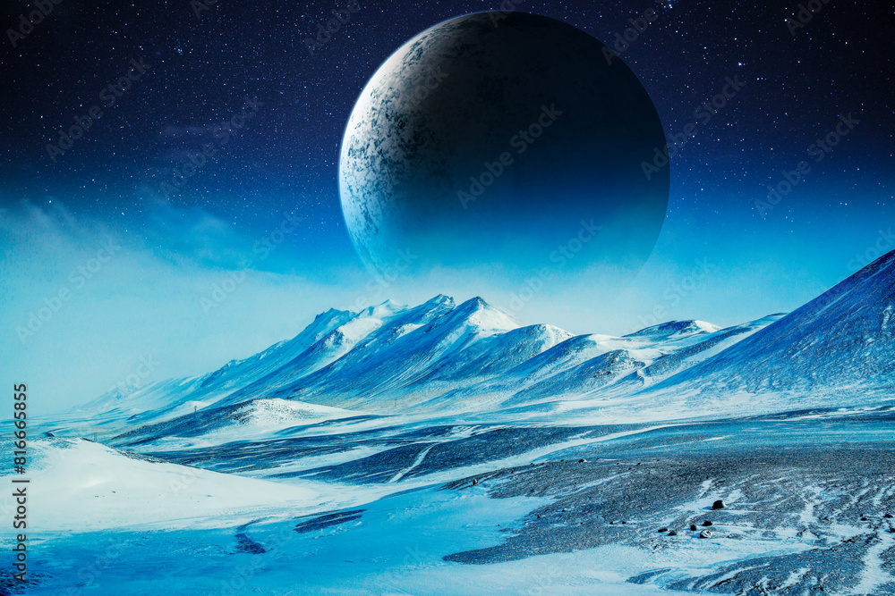 Outer space alien world with an icy landscape, fantasy landscape ...