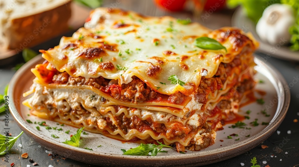 Lasagna meal close-up, featuring layers of pasta with salad and garlic bread, displayed for advertising with sharp focus, isolated background Lasagna meal close-up, featuring layers of pasta with salad and garlic bread, displayed for advertising with sharp focus, isolated background