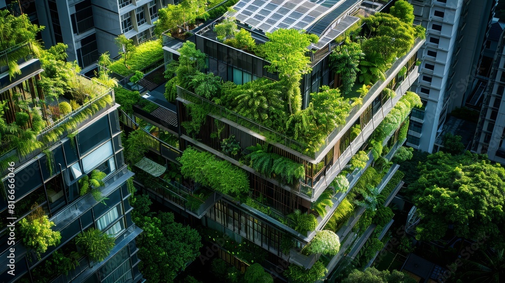 Intimate view of sustainable urban architecture with dense tree cover and rooftop gardens, emphasizing ecological design, isolated background