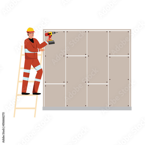 Worker in protective helmet and uniform stands on a ladder, holding a drill to fix a wall. Illustration depicts construction and repair work with safety gear and tools