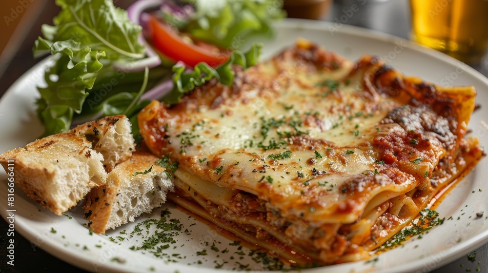Intimate shot of a hearty portion of lasagna with side salad and garlic bread, focusing on the lush textures, studio lit, isolated background Intimate shot of a hearty portion of lasagna with side salad and garlic bread, focusing on the lush textures, studio lit, isolated background