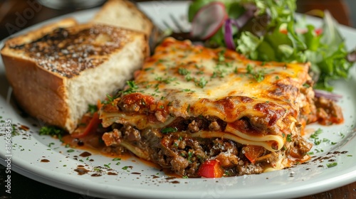 Intimate shot of a hearty portion of lasagna with side salad and garlic bread, focusing on the lush textures, studio lit, isolated background © Paul