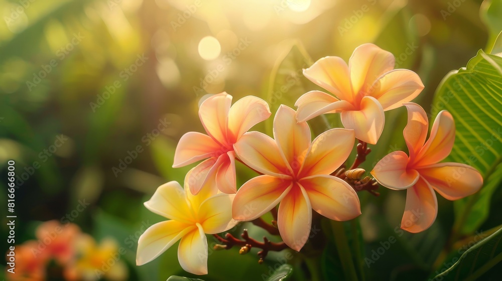 Intimate close-up of tropical Plumeria flowers, showcasing their intricate details and lush background, ideal for clarity in ads Intimate close-up of tropical Plumeria flowers, showcasing their intricate details and lush background, ideal for clarity in ads