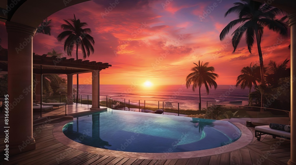 The view of the sunset from the terrace of a luxury villa with swimming pool.