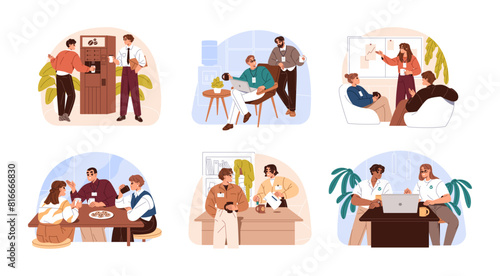 People are on coffee break set. Business team drinks tea during discussion. Employees, colleagues chat, talk at lunch time at corporate kitchen. Flat isolated vector illustrations on white background