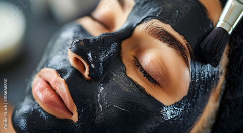 Application of a black charcoal mask to the facial skin. photo